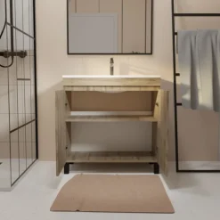 Meuble de salle de bains sur pieds 2 portes avec vasque en céramique