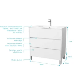 Meuble de salle de bains sur pieds avec 3 tiroirs et vasque en céramique