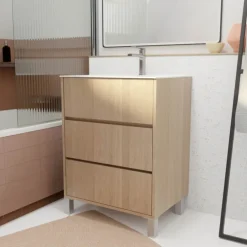 Meuble de salle de bains sur pieds avec 3 tiroirs et vasque en céramique
