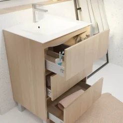 Meuble de salle de bains sur pieds avec 3 tiroirs et vasque en céramique
