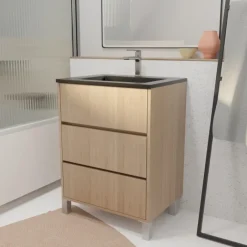 Meuble de salle de bains sur pieds avec 3 tiroirs et vasque en céramique