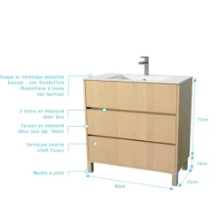 Meuble de salle de bains sur pieds avec 3 tiroirs et vasque en céramique