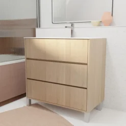 Meuble de salle de bains sur pieds avec 3 tiroirs et vasque en céramique