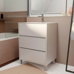 Meuble de salle de bains sur pieds avec 3 tiroirs et vasque en céramique