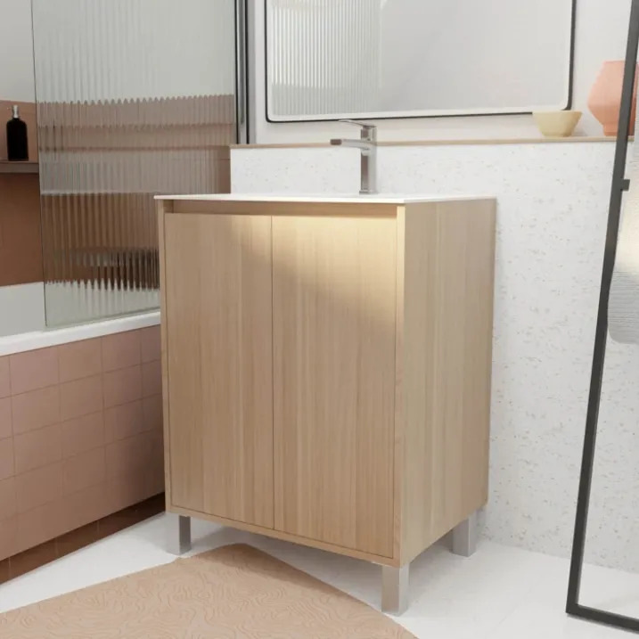 Meuble de salle de bains sur pieds avec 2 portes et vasque