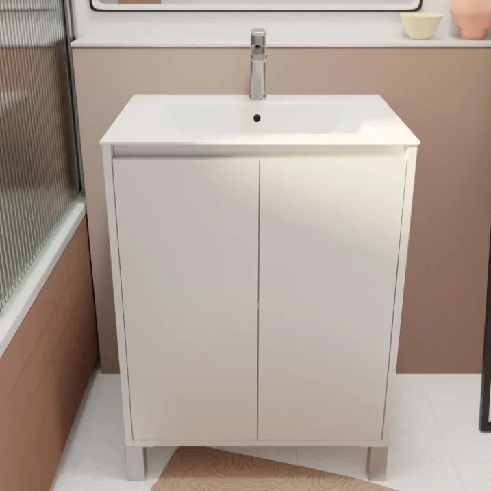 Meuble de salle de bains sur pieds avec 2 portes et vasque
