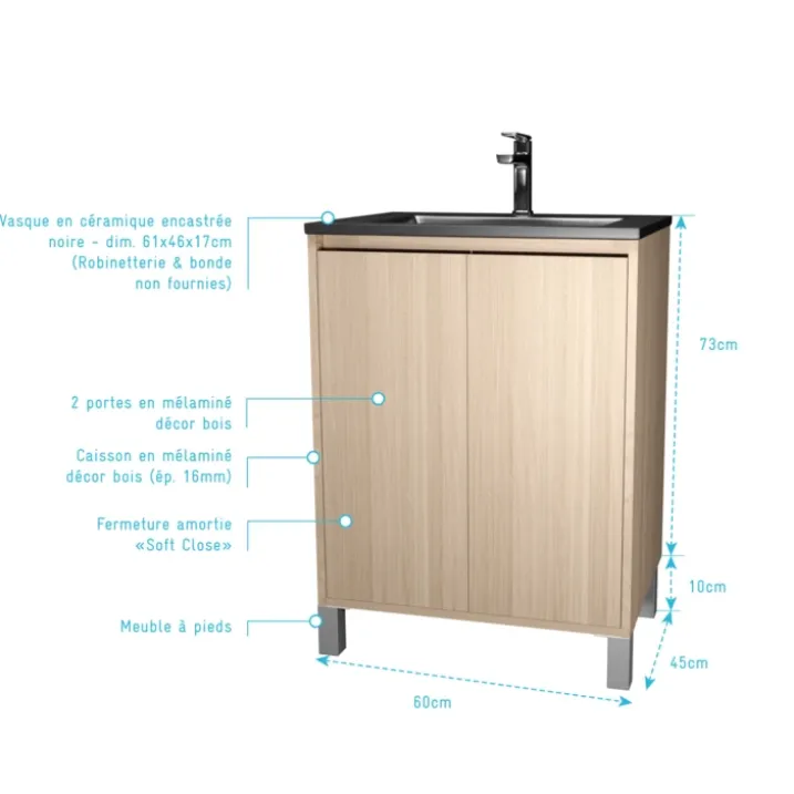 Meuble de salle de bains sur pieds avec 2 portes et vasque