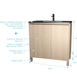 Meuble de salle de bains sur pieds avec 2 portes et vasque