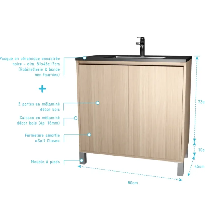 Meuble de salle de bains sur pieds avec 2 portes et vasque