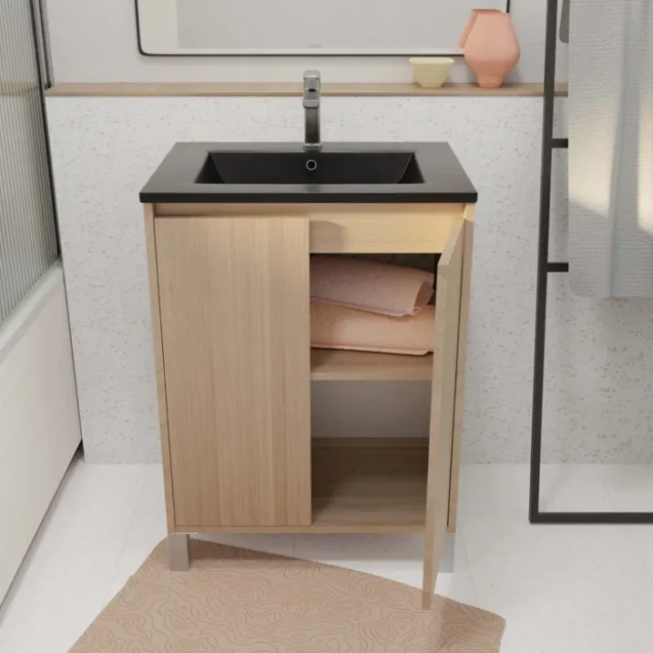 Meuble de salle de bains sur pieds avec 2 portes et vasque