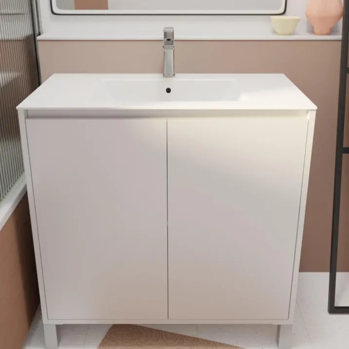 Meuble de salle de bains sur pieds avec 2 portes et vasque