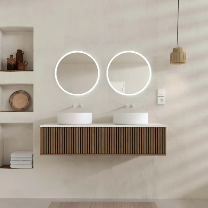 Meuble de salle de bain suspendu avec façade crantée, vasque(s) ronde(s) et miroir(s) LED