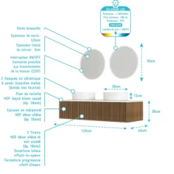 Meuble de salle de bain suspendu avec façade crantée, vasque(s) ronde(s) et miroir(s) LED