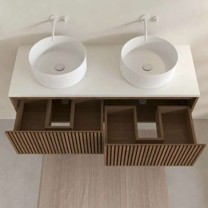 Meuble de salle de bain suspendu avec façade crantée, vasque(s) ronde(s) et miroir(s) LED
