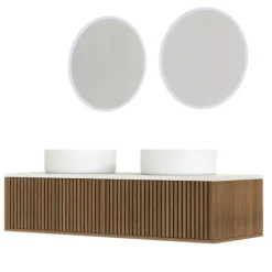 Meuble de salle de bain suspendu avec façade crantée, vasque(s) ronde(s) et miroir(s) LED