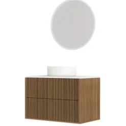 Meuble de salle de bain suspendu avec façade crantée, vasque(s) ronde(s) et miroir(s) LED
