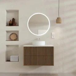 Meuble de salle de bain suspendu avec façade crantée, vasque(s) ronde(s) et miroir(s) LED