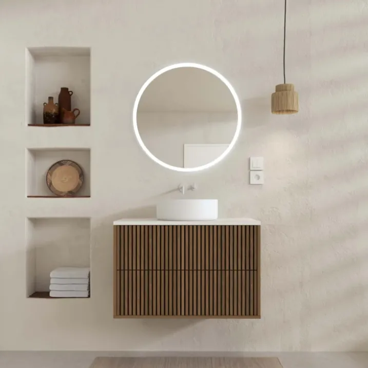 Meuble de salle de bain suspendu avec façade crantée, vasque(s) ronde(s) et miroir(s) LED