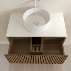 Meuble de salle de bain suspendu avec façade crantée, vasque(s) ronde(s) et miroir(s) LED