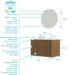 Meuble de salle de bain suspendu avec façade crantée, vasque(s) ronde(s) et miroir(s) LED