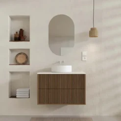 Meuble de salle de bain suspendu avec façade crantée, vasque(s) ronde(s) et miroir(s) ovales