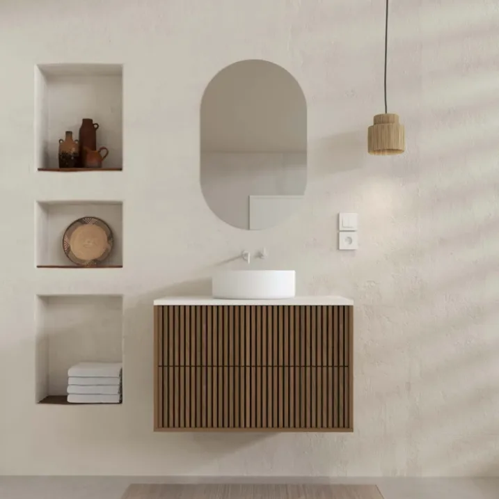 Meuble de salle de bain suspendu avec façade crantée, vasque(s) ronde(s) et miroir(s) ovales