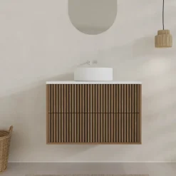Meuble de salle de bain suspendu avec façade crantée, plan de toilette et vasque(s) à poser