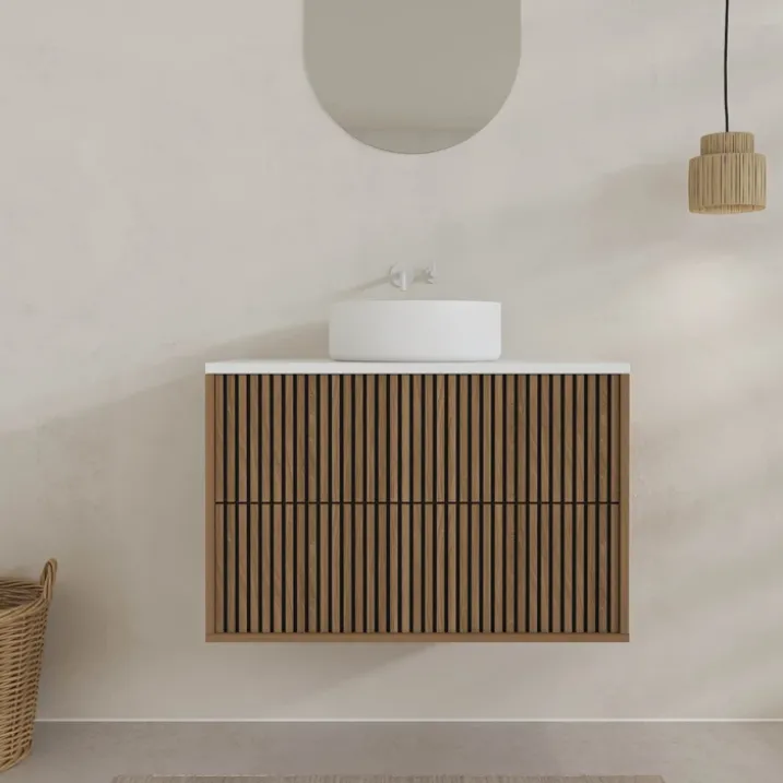 Meuble de salle de bain suspendu avec façade crantée, plan de toilette et vasque(s) à poser