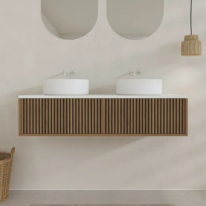 Meuble de salle de bain suspendu avec façade crantée, plan de toilette et vasque(s) à poser
