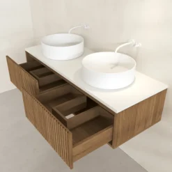 Meuble de salle de bain suspendu avec façade crantée, plan de toilette et vasque(s) à poser