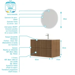 Meuble de salle de bain suspendu avec façade crantée, vasque(s) et miroir(s) LED