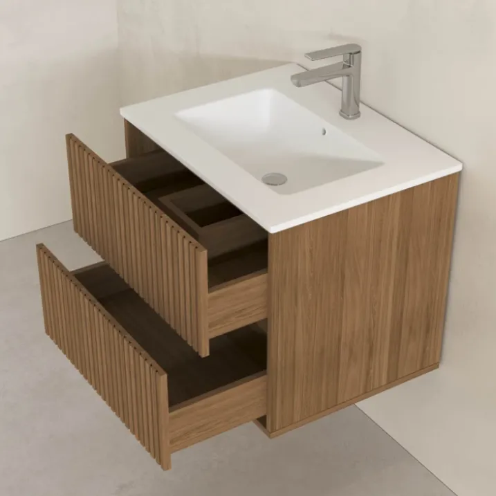 Meuble de salle de bain suspendu avec façade crantée, vasque(s) et miroir(s) LED