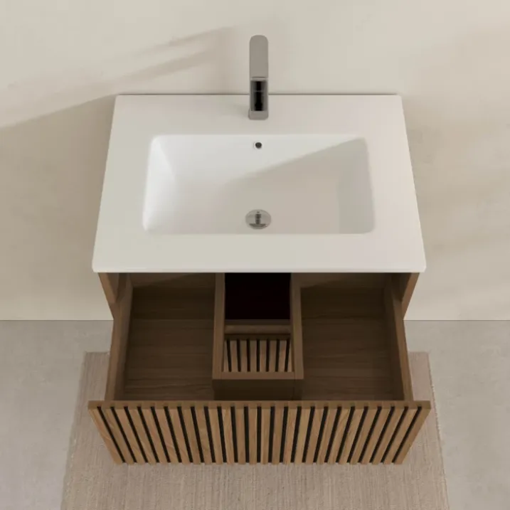 Meuble de salle de bain suspendu avec façade crantée, vasque(s) et miroir(s) LED