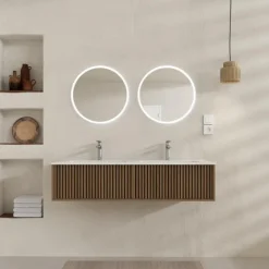 Meuble de salle de bain suspendu avec façade crantée, vasque(s) et miroir(s) LED