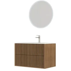 Meuble de salle de bain suspendu avec façade crantée, vasque(s) et miroir(s) LED