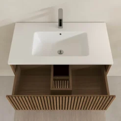 Meuble de salle de bain suspendu avec façade crantée, vasque(s) et miroir(s) LED