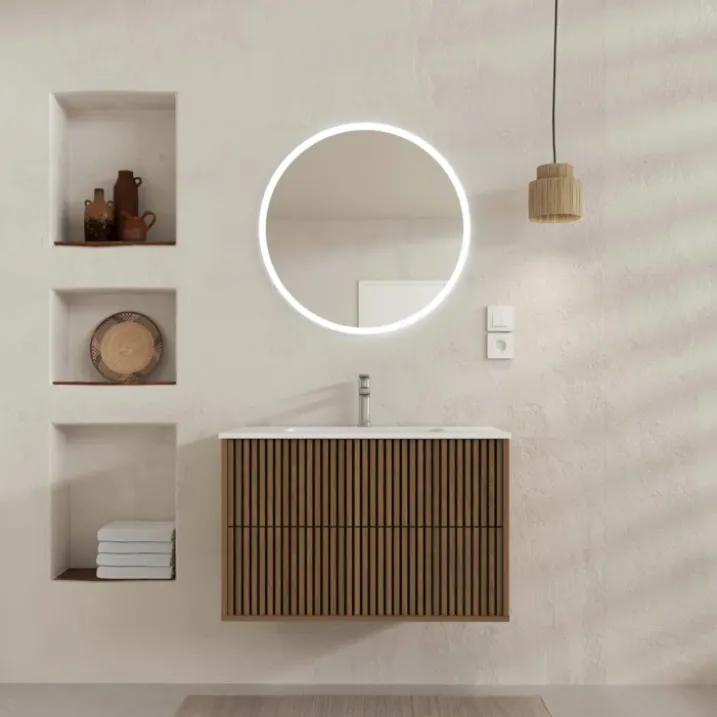 Meuble de salle de bain suspendu avec façade crantée, vasque(s) et miroir(s) LED