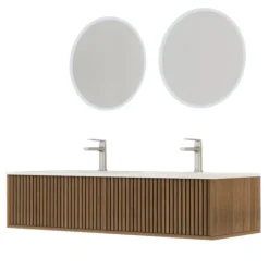 Meuble de salle de bain suspendu avec façade crantée, vasque(s) et miroir(s) LED