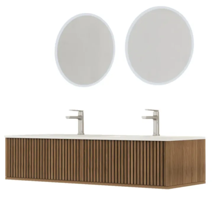 Meuble de salle de bain suspendu avec façade crantée, vasque(s) et miroir(s) LED