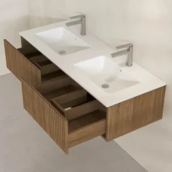Meuble de salle de bain suspendu avec façade crantée, vasque(s) et miroir(s) LED
