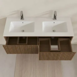 Meuble de salle de bain suspendu avec façade crantée, vasque(s) et miroir(s) LED
