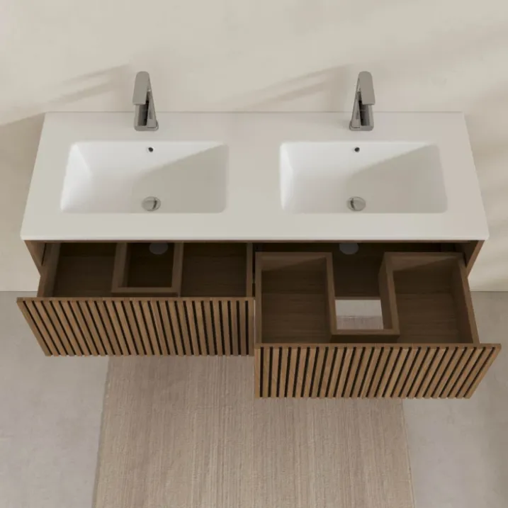 Meuble de salle de bain suspendu avec façade crantée, vasque(s) et miroir(s) LED