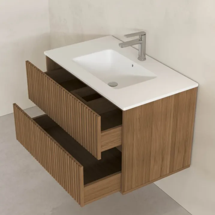 Meuble de salle de bain suspendu avec façade crantée, vasque(s) et miroir(s) LED