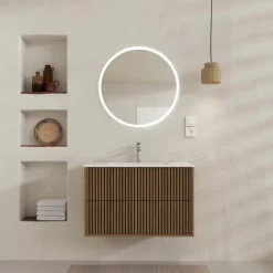 Meuble de salle de bain suspendu avec façade crantée, vasque(s) et miroir(s) LED