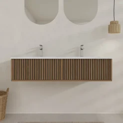 Meuble de salle de bain suspendu avec façade crantée et vasque encastrée