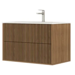 Meuble de salle de bain suspendu avec façade crantée et vasque encastrée