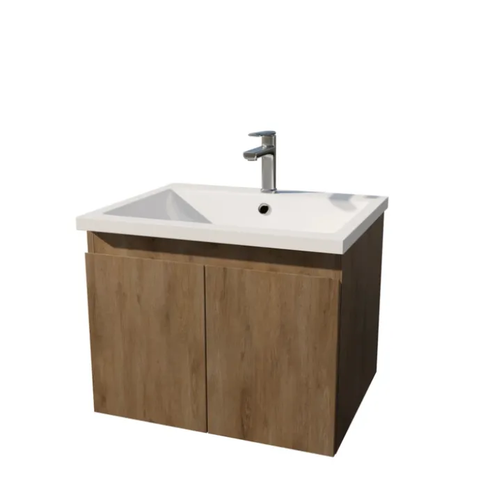 Meuble salle de bain à suspendre en bois avec vasque encastrée