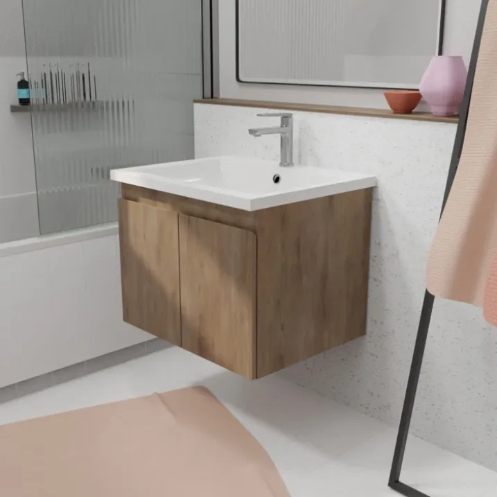Meuble salle de bain à suspendre en bois avec vasque encastrée