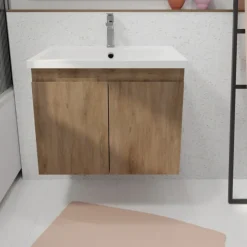 Meuble salle de bain à suspendre en bois avec vasque encastrée