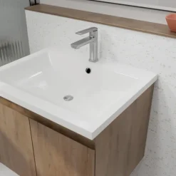 Meuble salle de bain à suspendre en bois avec vasque encastrée